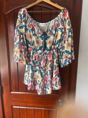 Moda Floral Peasant Tunic in Cream, Teal, Red and Yellow
